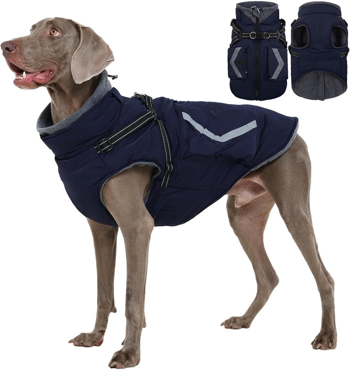 Reflective Dog Winter Coat, Fleece Lined Jacket for Large Dogs Back Zipper, Turtleneck Cozy Doggy Vest Thermal Clothes with Harness, Cold Weather Snow Outfits, Labrador (Dark Blue, 3XL)