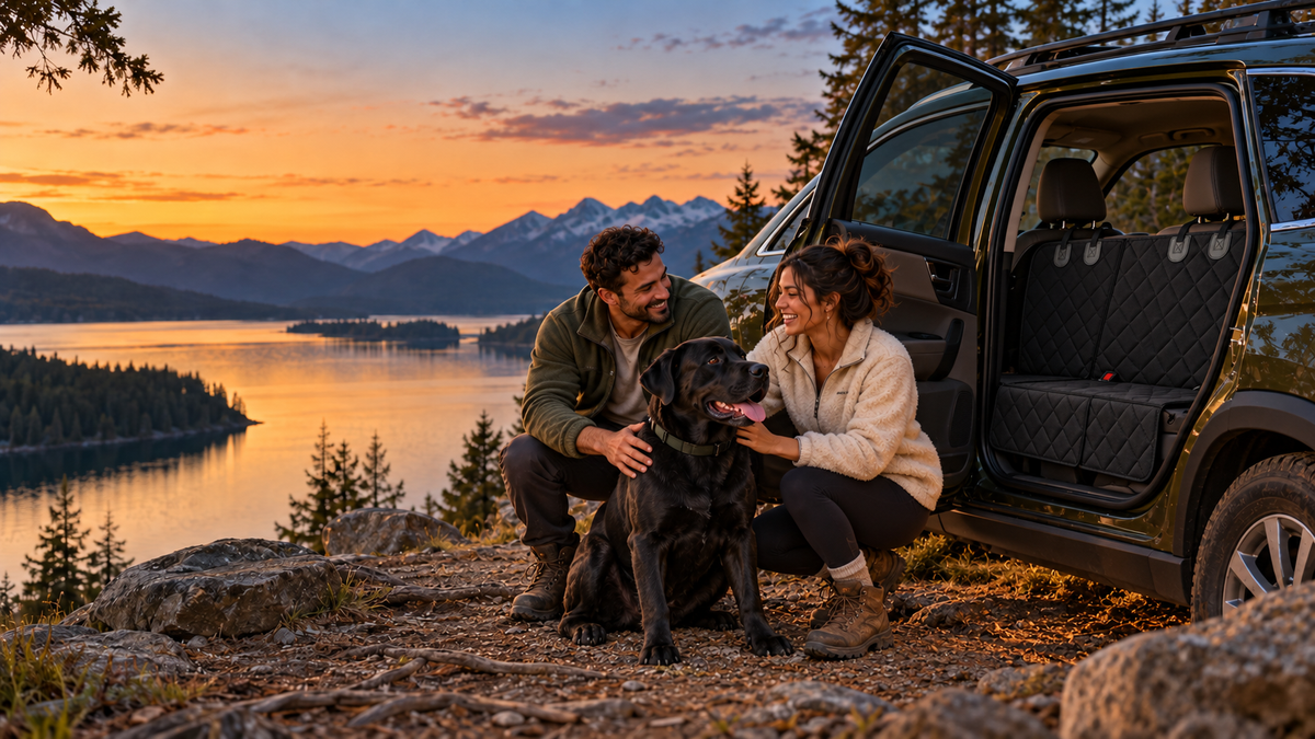 Illustrative scene of a couple with an all-black dog beside a parked SUV with a black quilted rear bench seat cover.
