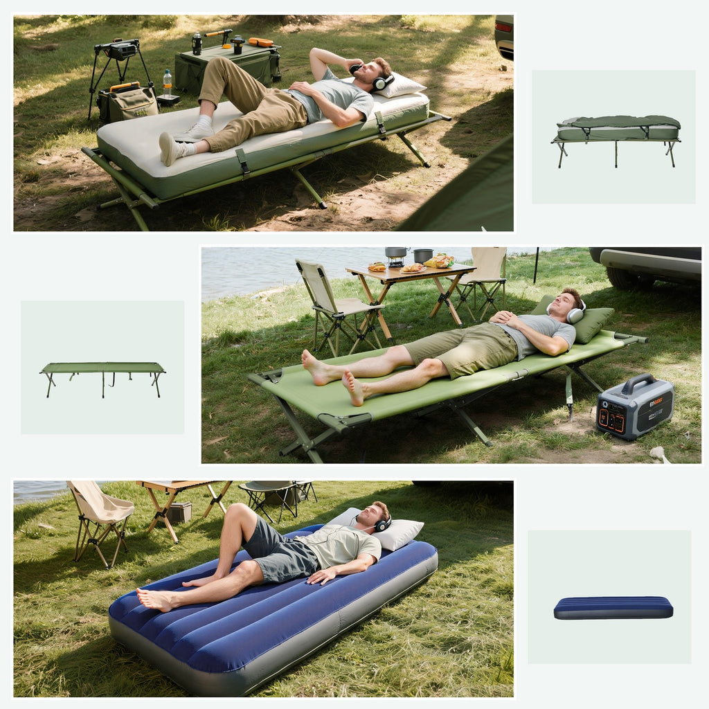 Outdoor 1-Person Folding Tent Elevated Camping Cot W/Air Mattress Sleeping Bag