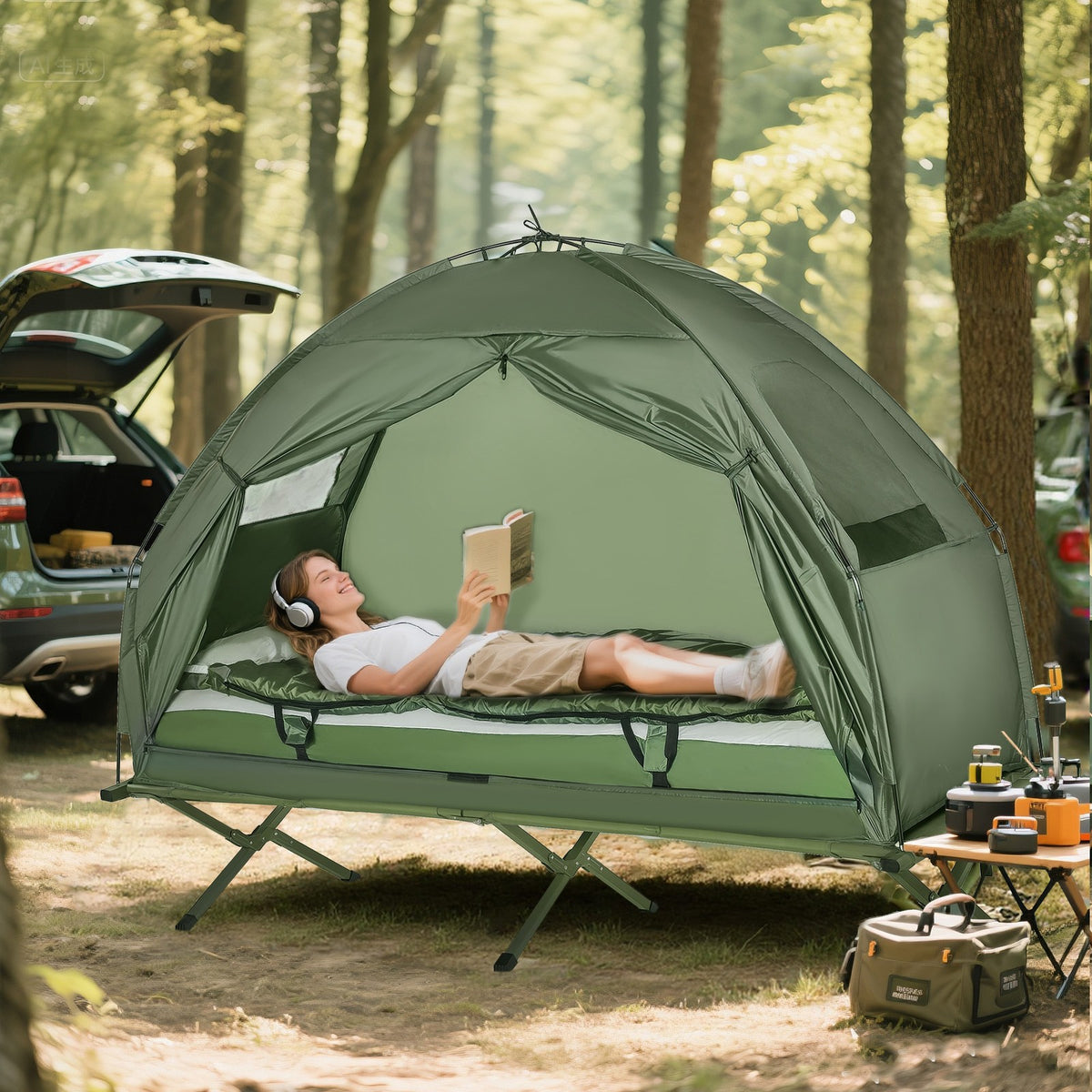 One-Person Camping Cot Tent with Mattress & Sleeping Bag