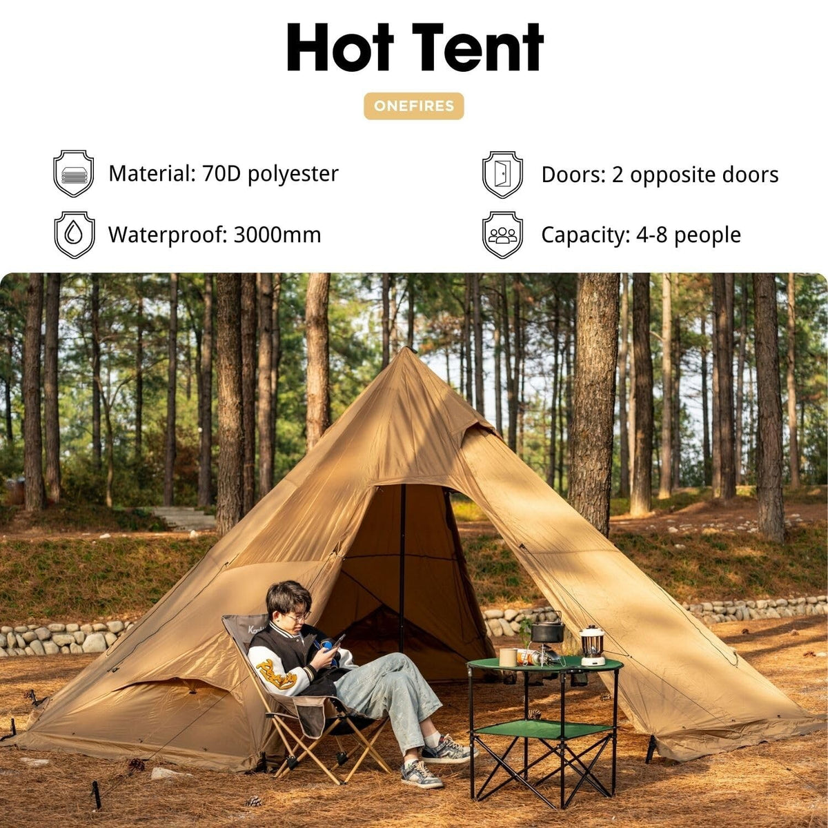Hot Tent with Stove Jack Onefires Large Teepee Tent for Family Camping 4-8 Pe...