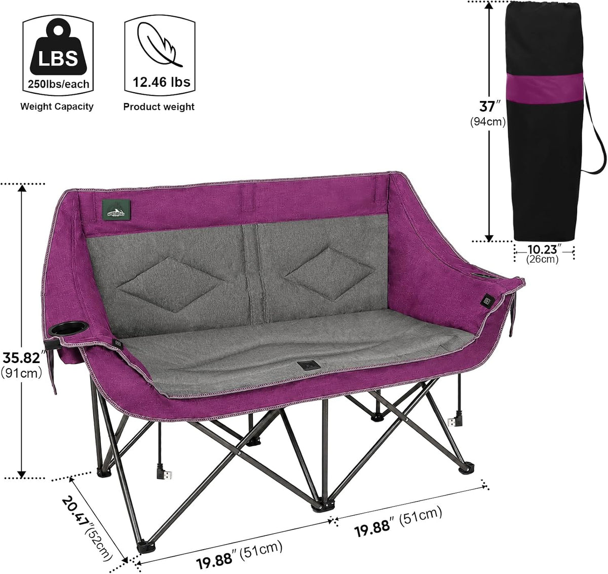 Heated Folding Loveseat Camping Chair Portable Double Duo Full Padded Garden Chair for 2 Person W/ 2 Cup Holder,Wine Glass Holder,Mesh Storage,Support 600Lbs (Battery NOT Included)
