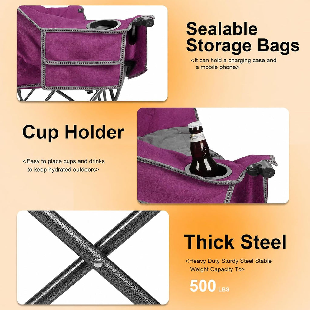 Heated Folding Loveseat Camping Chair Portable Double Duo Full Padded Garden Chair for 2 Person W/ 2 Cup Holder,Wine Glass Holder,Mesh Storage,Support 600Lbs (Battery NOT Included)