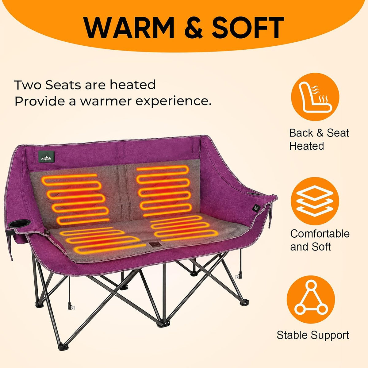 Heated Folding Loveseat Camping Chair Portable Double Duo Full Padded Garden Chair for 2 Person W/ 2 Cup Holder,Wine Glass Holder,Mesh Storage,Support 600Lbs (Battery NOT Included)