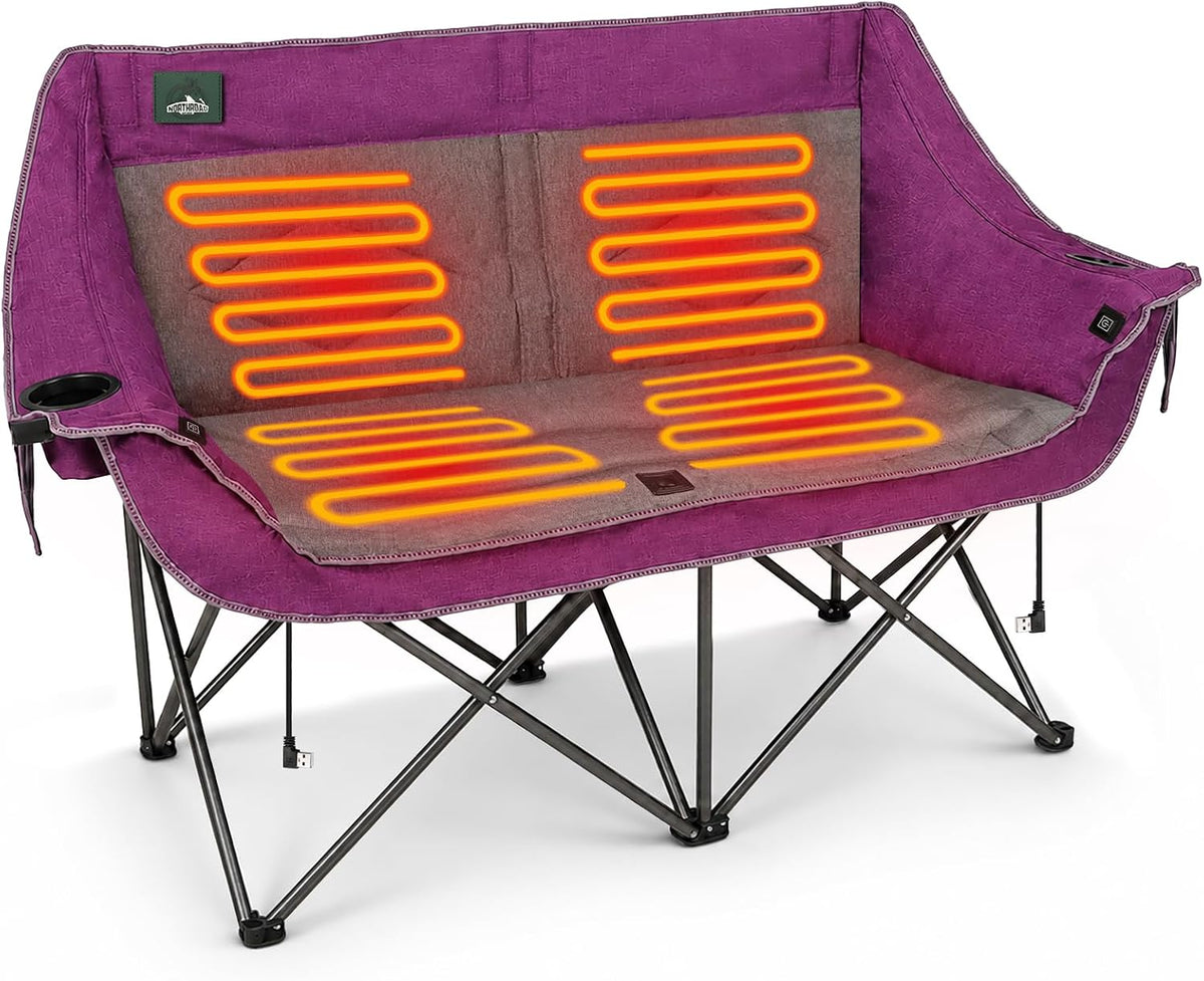 Heated Folding Loveseat Camping Chair Portable Double Duo Full Padded Garden Chair for 2 Person W/ 2 Cup Holder,Wine Glass Holder,Mesh Storage,Support 600Lbs (Battery NOT Included)