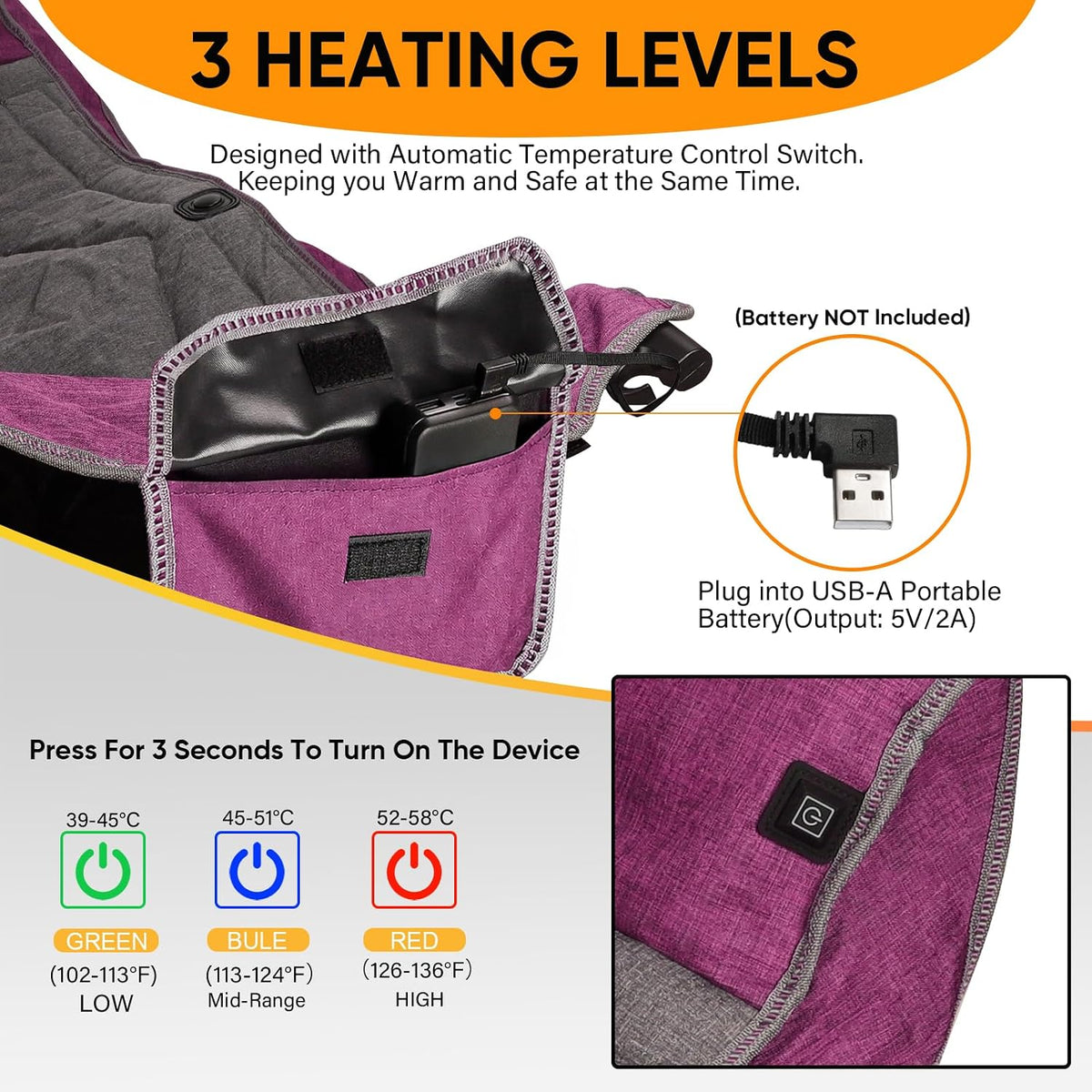 Heated Folding Loveseat Camping Chair Portable Double Duo Full Padded Garden Chair for 2 Person W/ 2 Cup Holder,Wine Glass Holder,Mesh Storage,Support 600Lbs (Battery NOT Included)