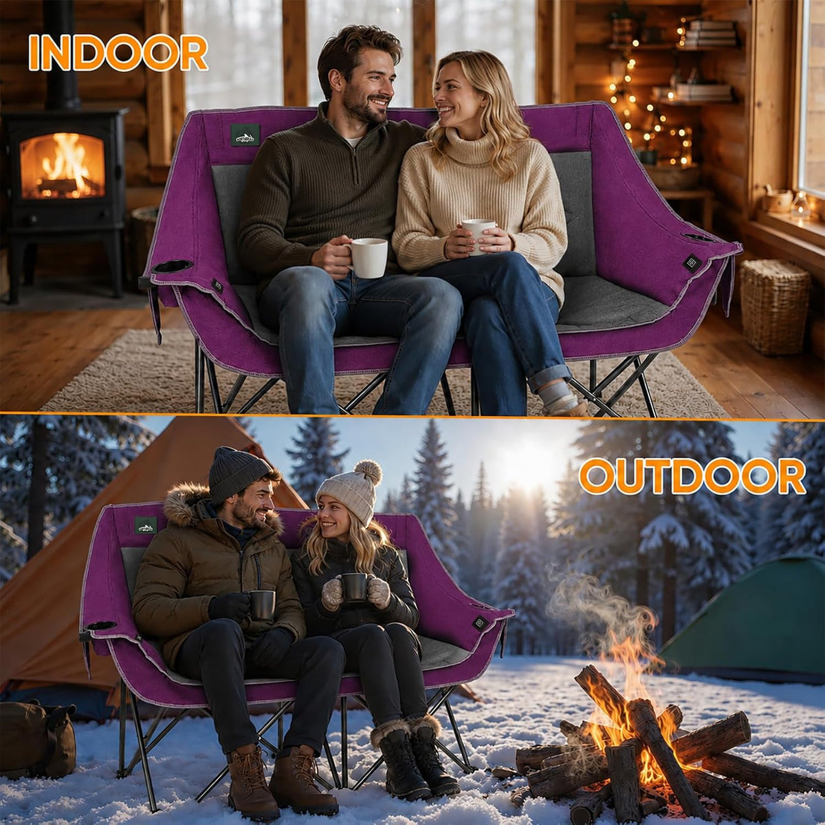 Heated Folding Loveseat Camping Chair Portable Double Duo Full Padded Garden Chair for 2 Person W/ 2 Cup Holder,Wine Glass Holder,Mesh Storage,Support 600Lbs (Battery NOT Included)