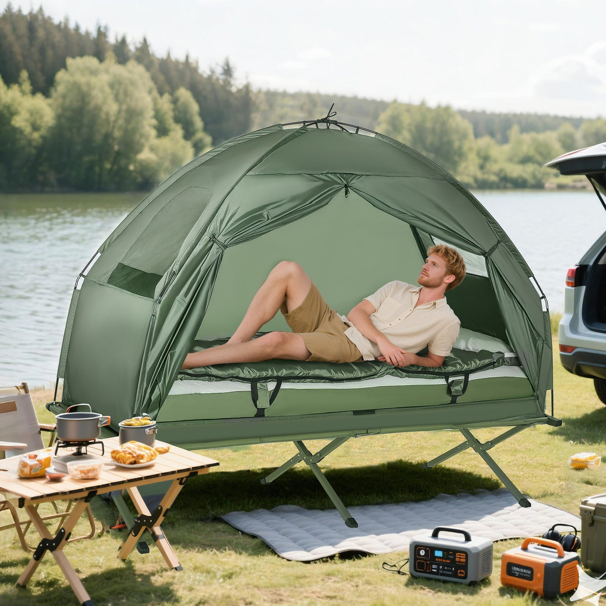 Outdoor 1-Person Folding Tent Elevated Camping Cot W/Air Mattress Sleeping Bag