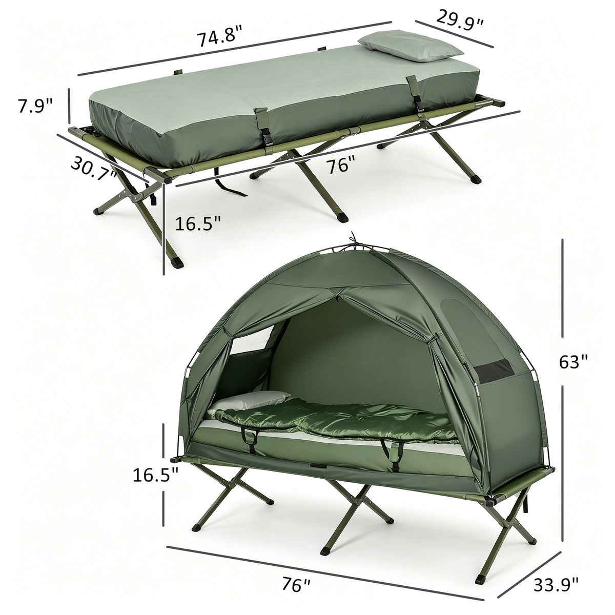 Outdoor 1-Person Folding Tent Elevated Camping Cot W/Air Mattress Sleeping Bag