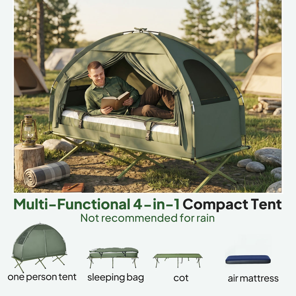 Outdoor 1-Person Folding Tent Elevated Camping Cot W/Air Mattress Sleeping Bag