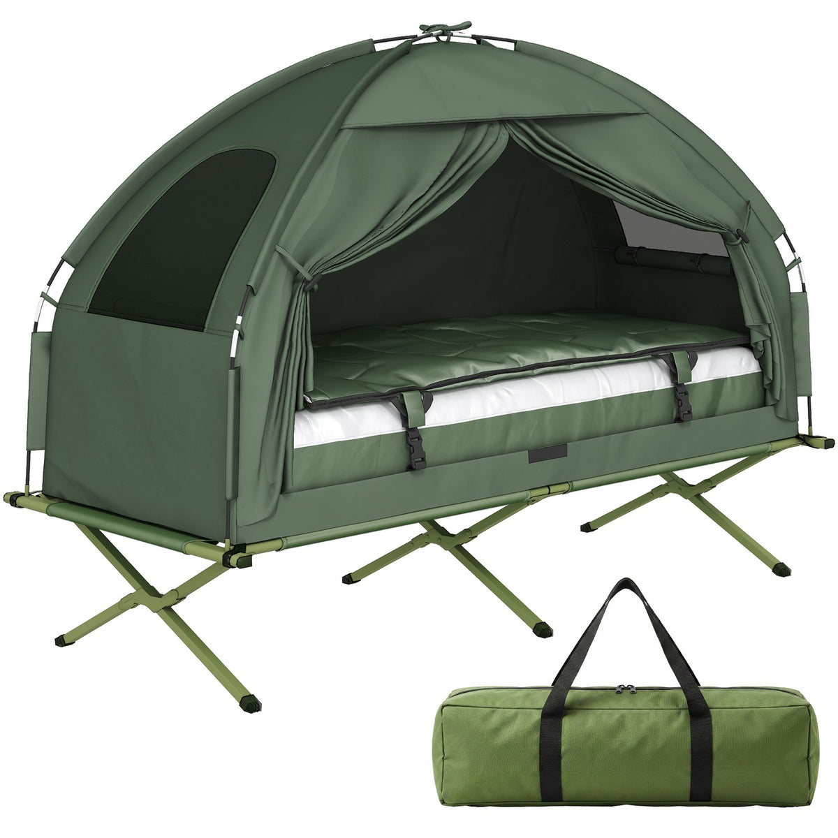 Outdoor 1-Person Folding Tent Elevated Camping Cot W/Air Mattress Sleeping Bag