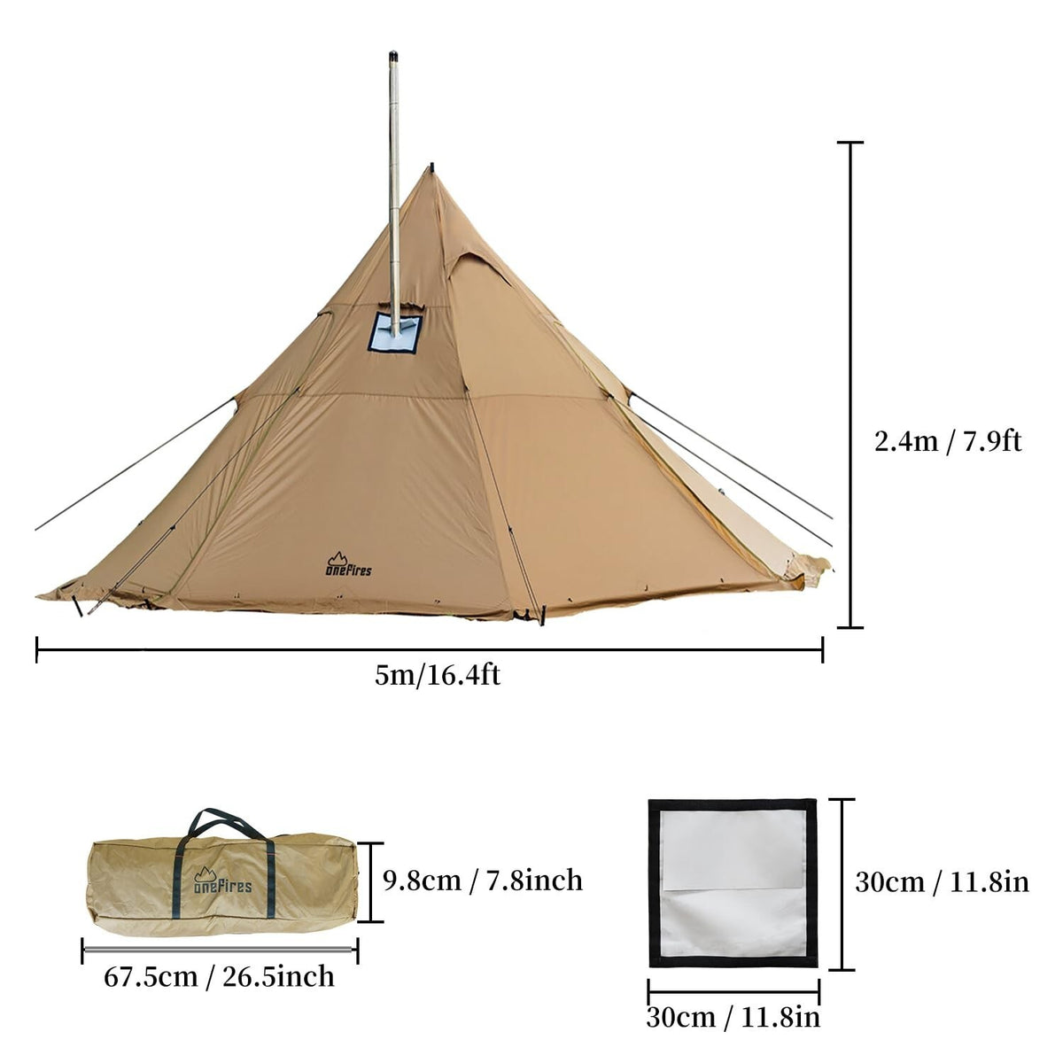 Hot Tent with Stove Jack Onefires Large Teepee Tent for Family Camping 4-8 Pe...